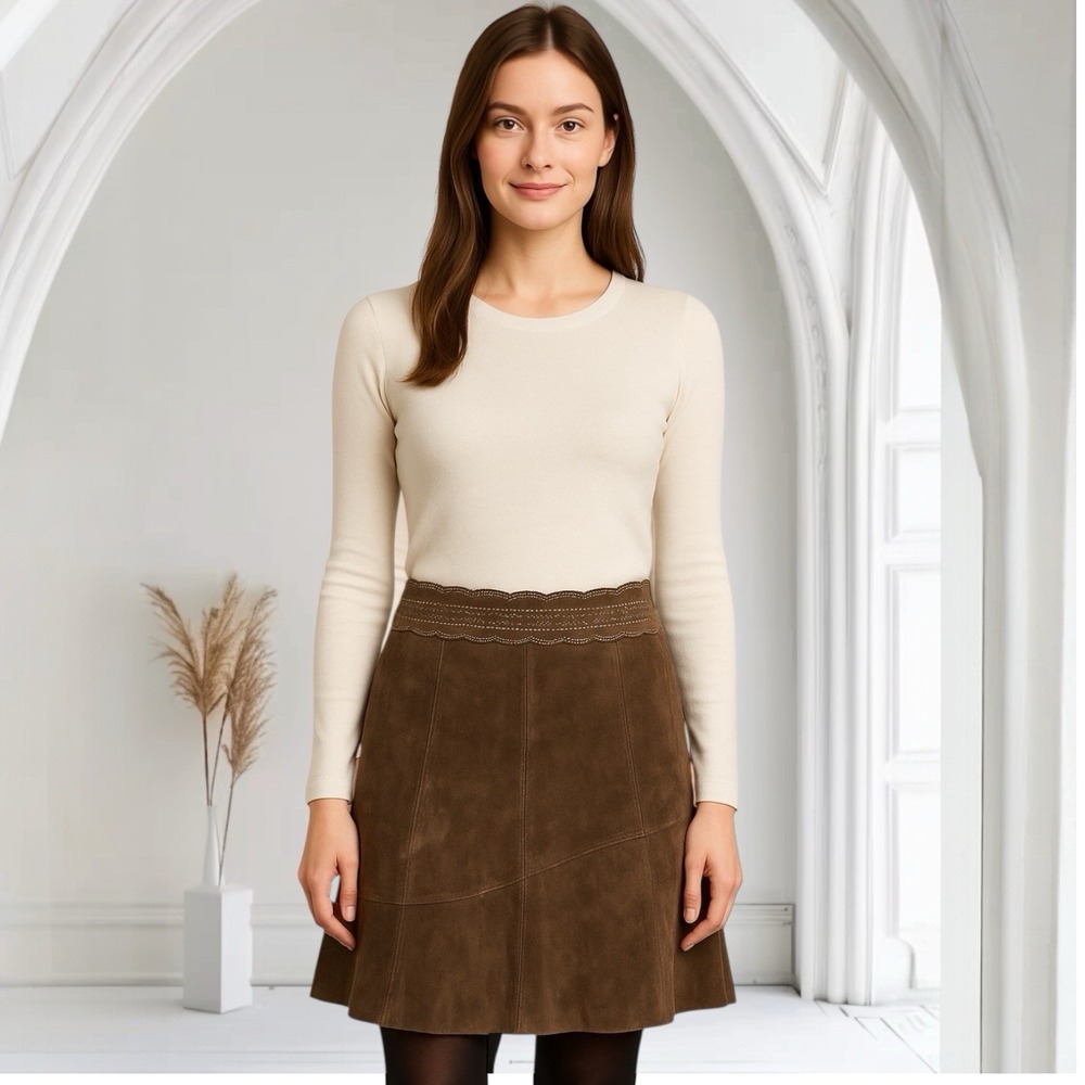 CAbi Brown Suede Circle Skirt with Scalloped Lace Waistband
